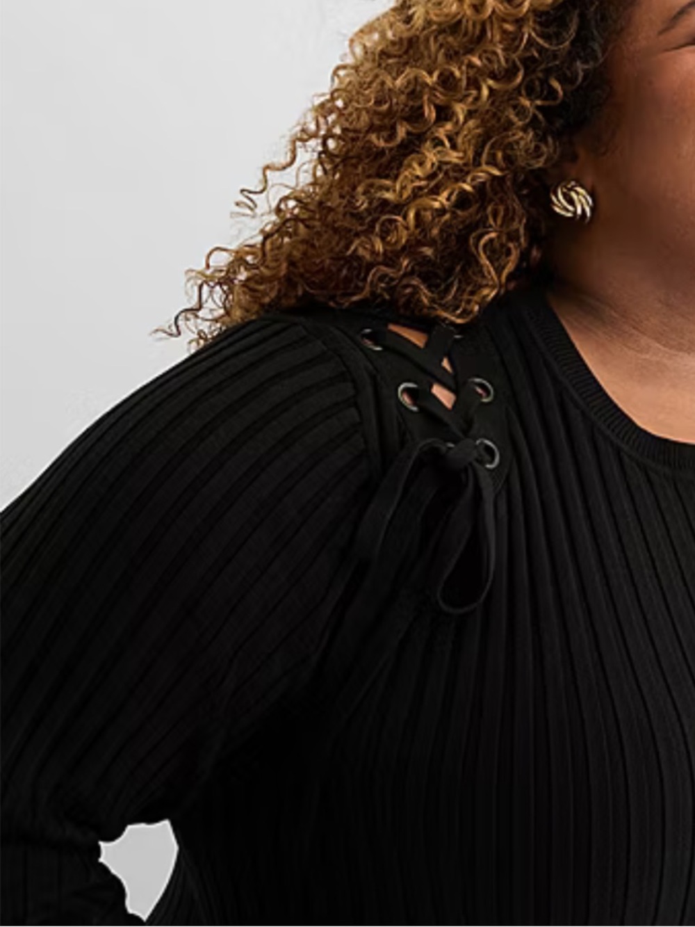 Ashley Graham Women 5X Black Ribbed Lace Up Long Sleeve Mini Sweater Dress NWT - Picture 3 of 14